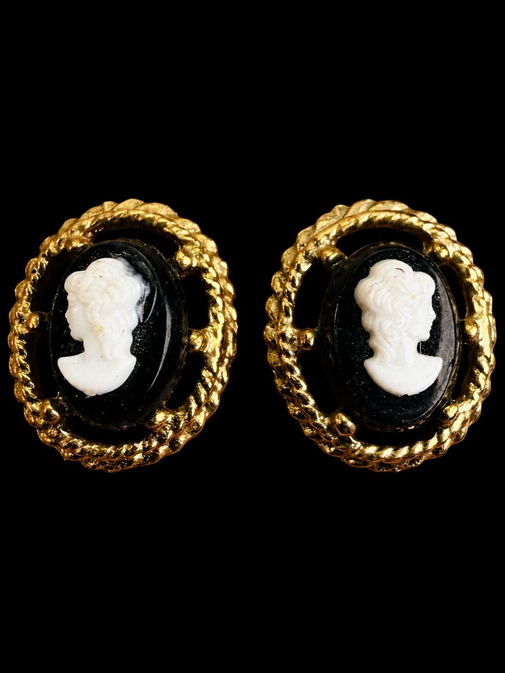 Tiny Cameo Black White Gold Tone Pierced Earrings